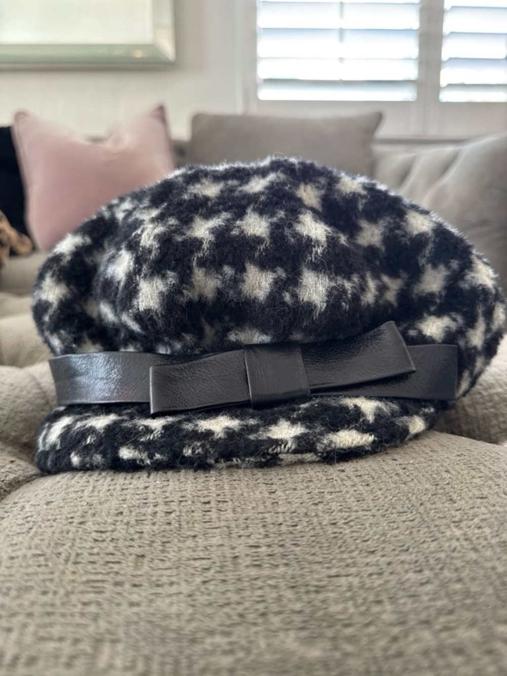 Juicy Couture Black and White Houndstooth Beret with Leather Bow
